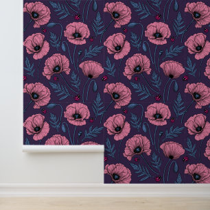 Roze poppies op donker violet behang