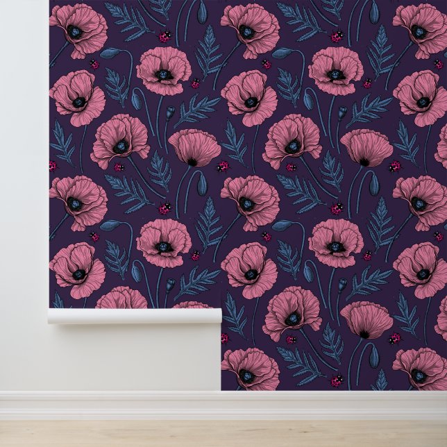 Roze poppies op donker violet behang (Applicatie)