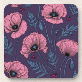 Roze poppies op donker violet bier onderzetter (Voorkant)