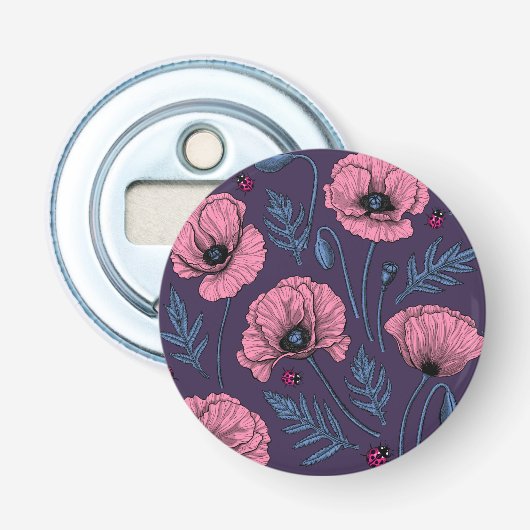 Roze poppies op donker violet button flesopener (Voorkant)