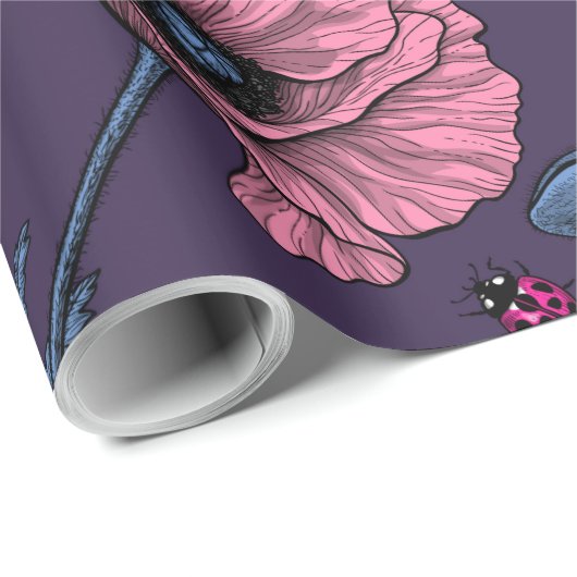 Roze poppies op donker violet cadeaupapier (Rol Hoek)