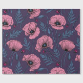Roze poppies op donker violet cadeaupapier (Vlak)