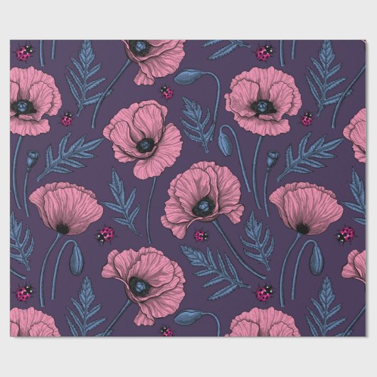 Roze poppies op donker violet cadeaupapier (Vlak)