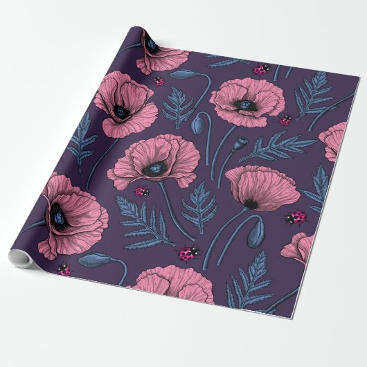 Roze poppies op donker violet cadeaupapier (Uitgerold)