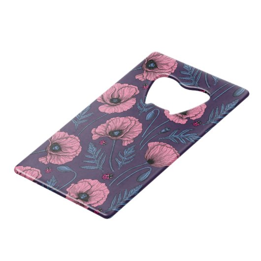 Roze poppies op donker violet creditkaart flessenopener (Voorkant Gekanteld)