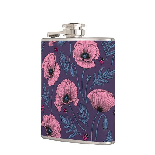 Roze poppies op donker violet heupfles (Links)