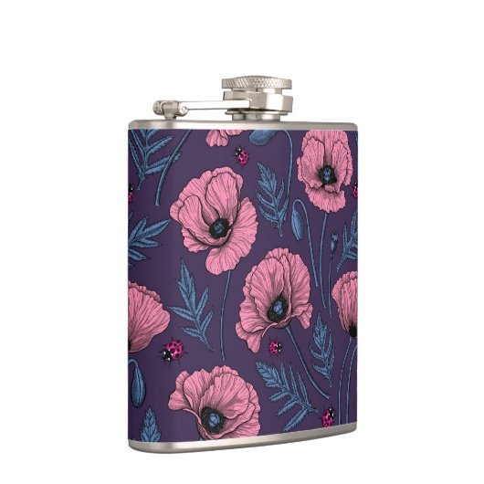 Roze poppies op donker violet heupfles (Rechts)