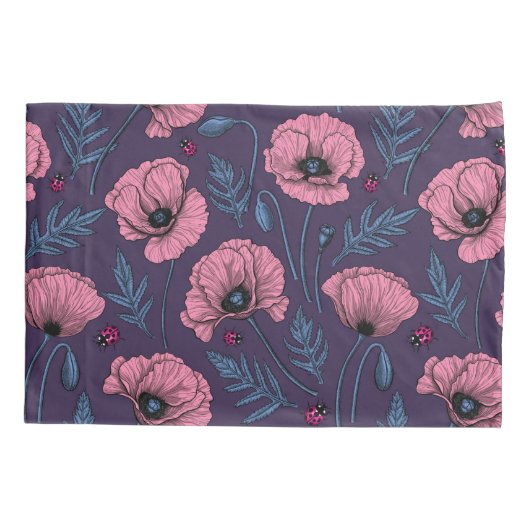 Roze poppies op donker violet kussensloop (Achterkant-Links)