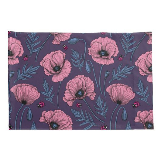 Roze poppies op donker violet kussensloop (Achterkant-Rechts)