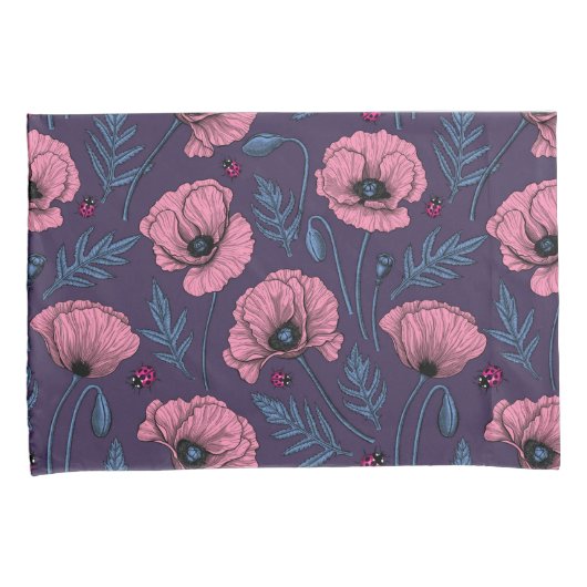 Roze poppies op donker violet kussensloop (Voorkant-Rechts)