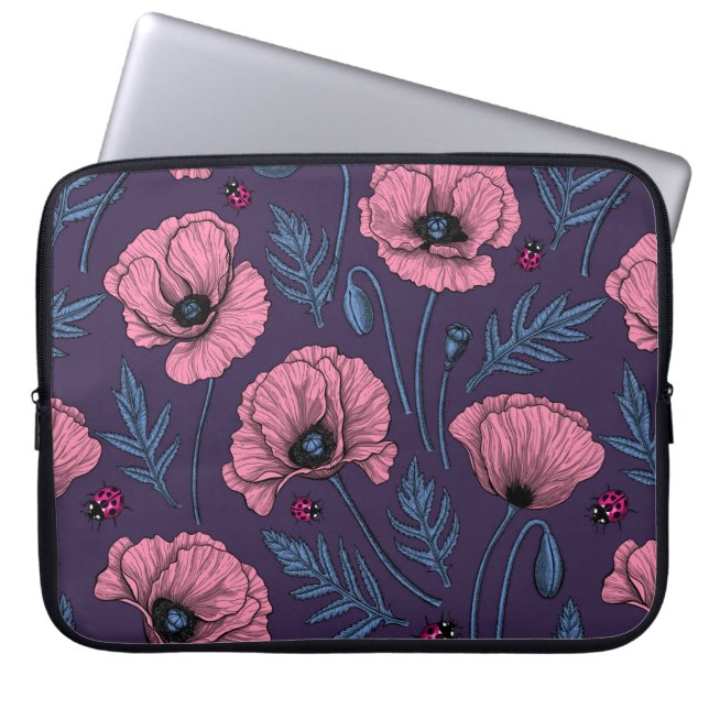 Roze poppies op donker violet laptop sleeve (Voorkant)