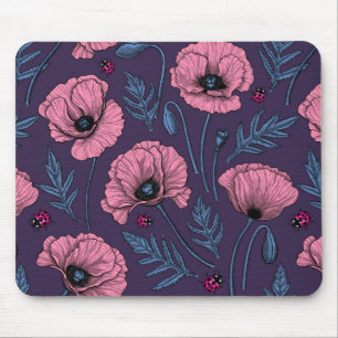 Roze poppies op donker violet muismat