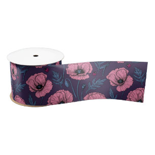Roze poppies op donker violet satijnen lint