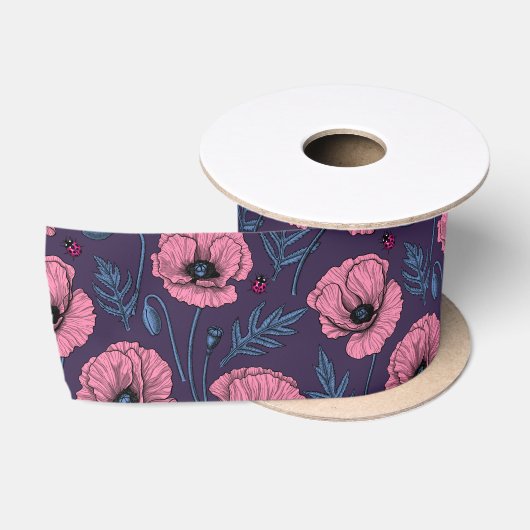 Roze poppies op donker violet satijnen lint (Spoel)