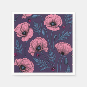 Roze poppies op donker violet servet