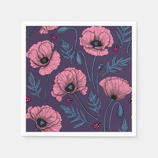 Roze poppies op donker violet servet (Voorkant)