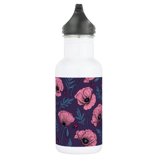 Roze poppies op donker violet waterfles (Rechts)