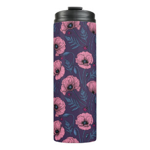 Roze poppies op thermische donkerviolettumbler thermosbeker