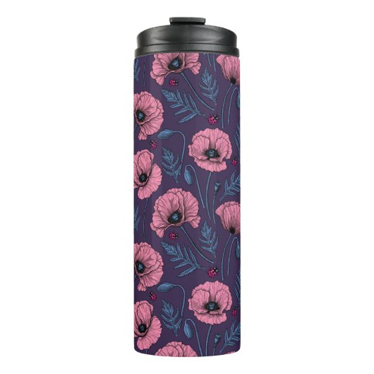 Roze poppies op thermische donkerviolettumbler thermosbeker (Voorkant)