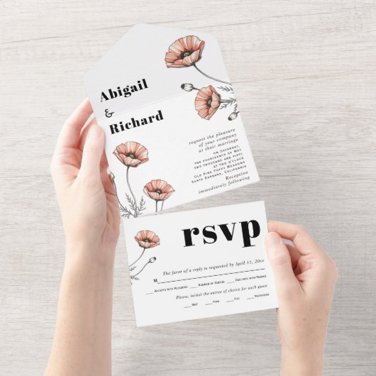 Roze Poppies wilde bloemen bloemenbruiloft All In One Uitnodiging (Afscheurbaar)