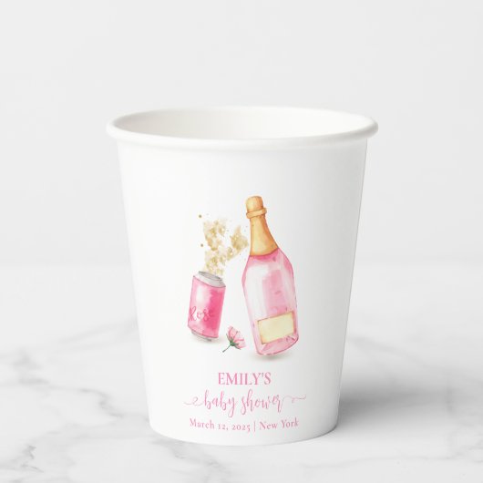 Roze Poppin Champagne Bier Meisje Baby shower Papieren Bekers (Achterkant)
