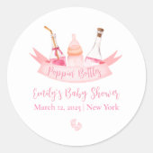 Roze Poppin Champagne Flessen Voeten Baby shower Ronde Sticker (Voorkant)