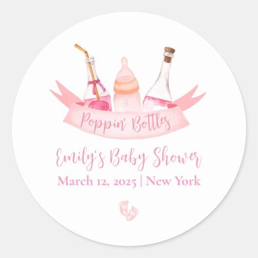 Roze Poppin Champagne Flessen Voeten Baby shower Ronde Sticker (Voorkant)