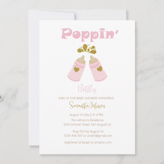 Roze Poppin Flessen Meisje Baby Borrel Kaart (Voorkant)