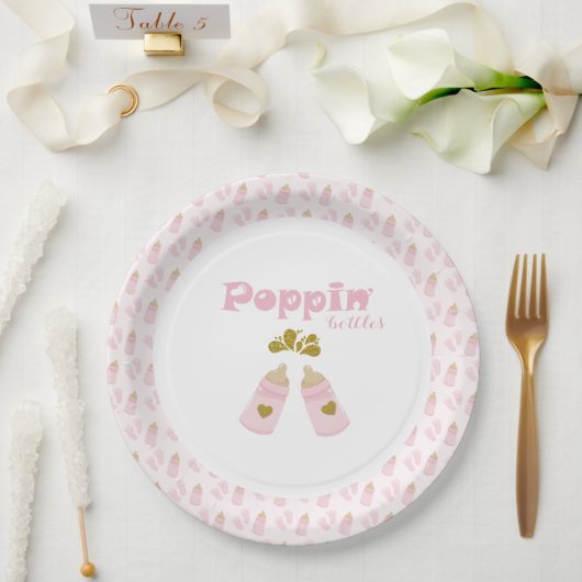 Roze Poppin Flessen Meisje Baby shower Papieren Bordje (Huwelijk)