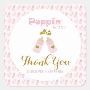 Roze Poppin Flessen Meisje Baby shower Vierkante Sticker