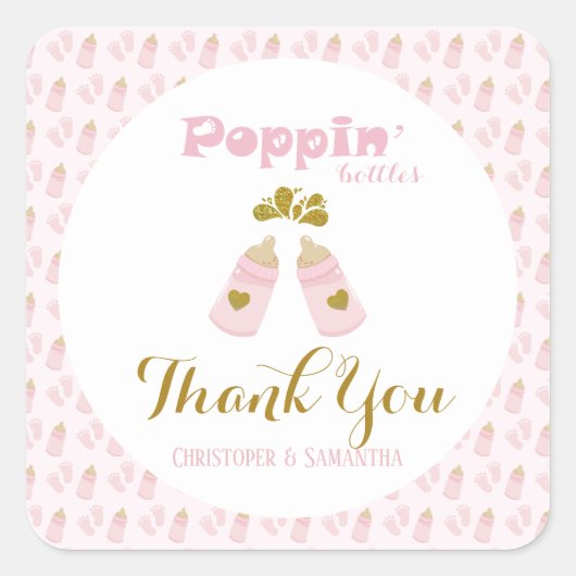Roze Poppin Flessen Meisje Baby shower Vierkante Sticker (Voorkant)
