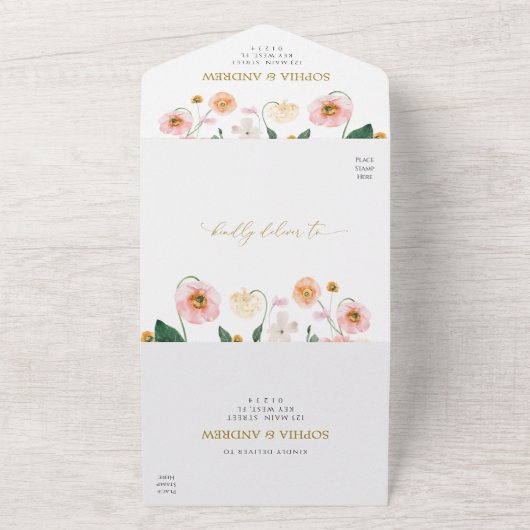 Roze Poppy Bloemen Bruiloft All In One Uitnodiging (Buitenkant)
