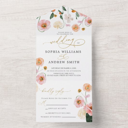 Roze Poppy Bloemen Bruiloft All In One Uitnodiging (Binnen)