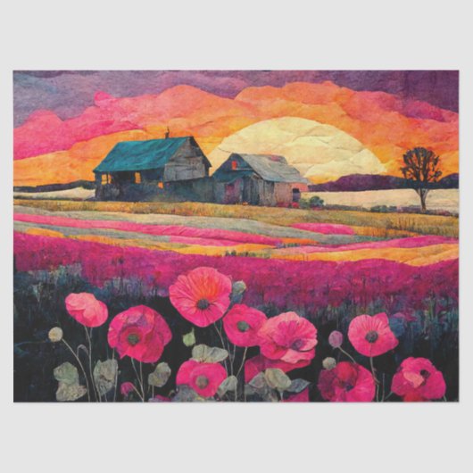 Roze Poppy Boerderij bij zonsondergang, levendige Tissuepapier (Voorkant)
