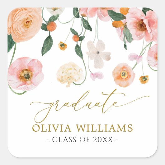 Roze Poppy Floral Afstuderen Favor Vierkante Sticker (Voorkant)