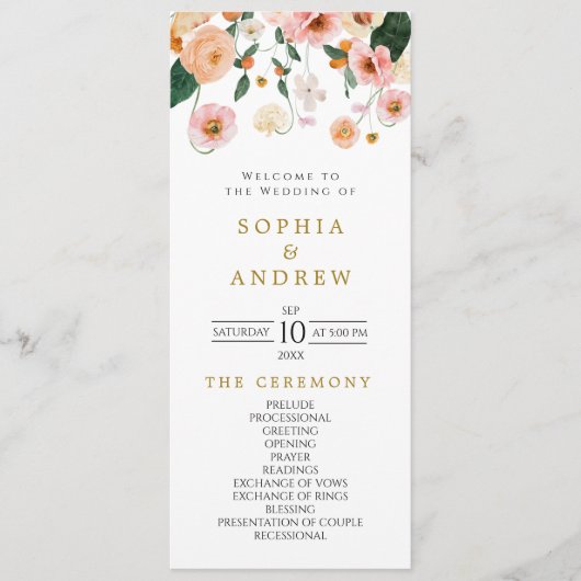 Roze Poppy Floral bruiloft programma's (Voorkant)