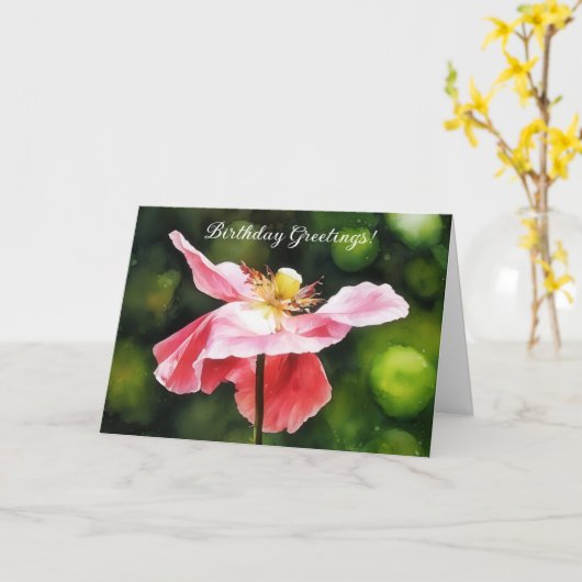 Roze Poppy Flower Art Verjaardag Kaart (Gele Bloem)