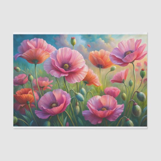 Roze Poppy Garden Bloemen Decoupage Tissuepapier (Voorkant)