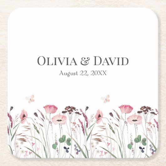 Roze Poppy Meadow Bruiloft Kartonnen Onderzetters (Voorkant)