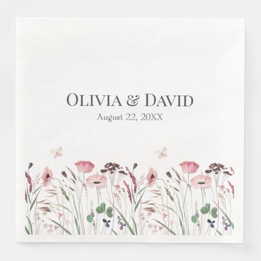 Roze Poppy Meadow Bruiloft Servetten (Voorkant)
