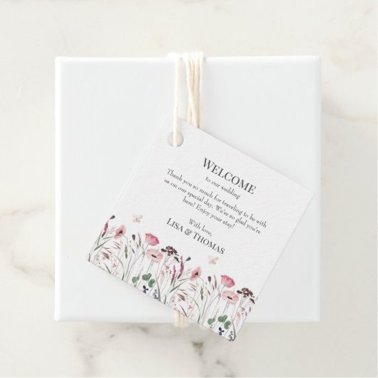 Roze Poppy Meadow Bruiloft Welkomstgeschenk Label (In situ)