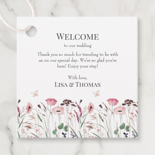 Roze Poppy Meadow Bruiloft Welkomstgeschenk Label (Voorkant)