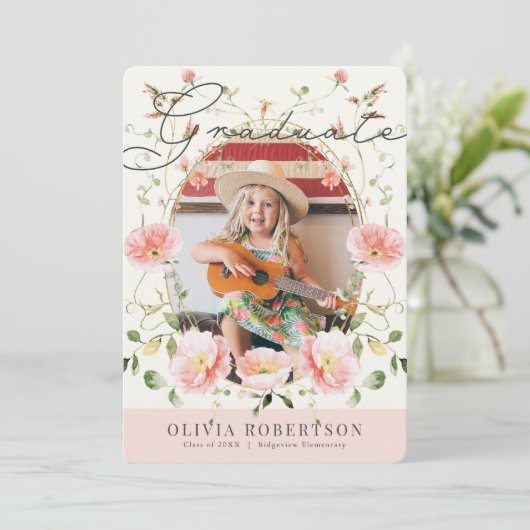 Roze Poppy Waterverf Floral Meisje Foto Afstuderen Kaart (Staand voorkant)