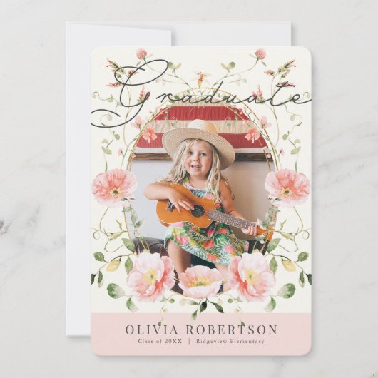 Roze Poppy Waterverf Floral Meisje Foto Afstuderen Kaart (Voorkant)