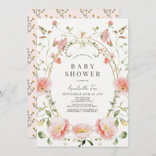 Roze Poppy Wildflower Vlinder Baby shower Kaart