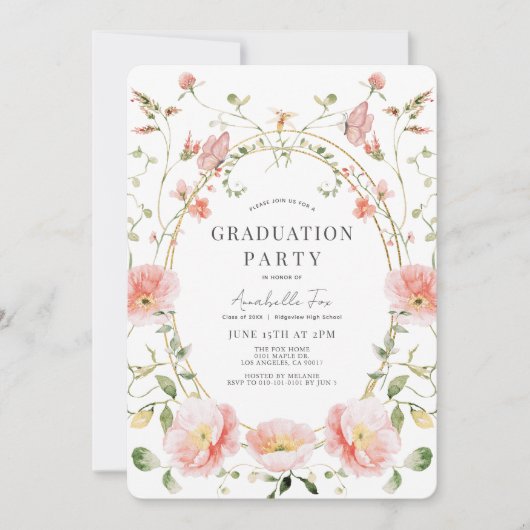 Roze Poppy Wildflower Waterverf Afstuderen Kaart (Voorkant)