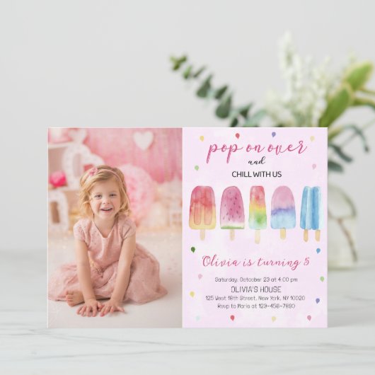Roze Popsicle Ice Cream Pop op over verjaardag fot Kaart (Staand voorkant)