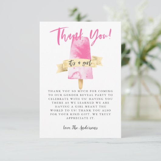 Roze Popsicle Meisje Geslacht Onthullen Partij Bedankkaart (Staand voorkant)