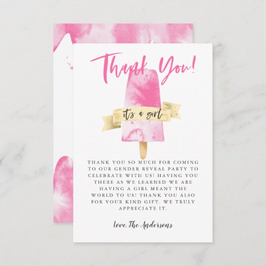 Roze Popsicle Meisje Geslacht Onthullen Partij Bedankkaart (Voorkant / Achterkant)