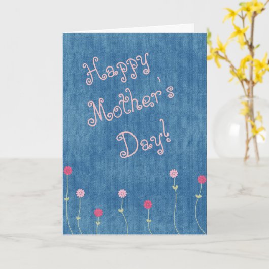 Roze posieën op Denim Moederdag Kaart (Gele Bloem)